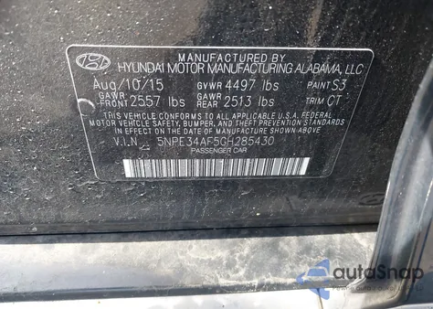 2016 Hyundai Sonata Sport from USA, damaged, VIN 5NPE34AF5GH285430